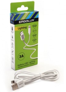 Дата-кабель USB(A)шт. - Lightning шт. ERGOLUX ELX-CDC03-C01  3А  1.2м, белый, коробка