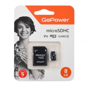 Карта памяти microSD GoPower 8GB Class10 15 МБ/сек V10 с адаптером 00-00025673