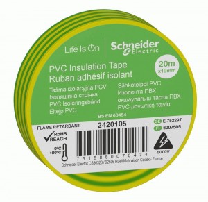 Schneider Electric Изолента ПВХ 19мм/20м желто-зелена 130мкм 2-х ст. этик (уп.8шт, кр.1шт) 1IMT38205
