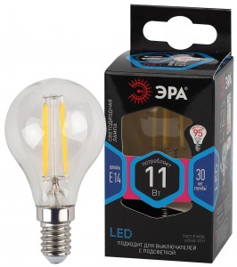 ЭРА F-LED шар G45 Е14 11W(930Lm) 4000K 4K филамент (нитевидная) прозр. 75х45 P45-11W-840-E14 4710