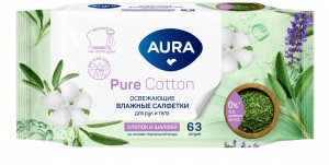 Влажные салфетки 63шт/уп. освежающие для всей семьи AURA 	(Коттон Клаб)арт.12826