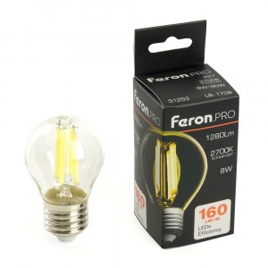 Feron.PRO филамент шар G45 Е27 8W 1280lm 2700K 2K 175-265V 78х45 LB-1708 51253