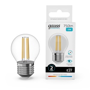 Gauss Elementary Filament Шар Е27 12W(750lm) 4100К 76х45  прозр, стекло, нитевид 52222