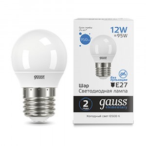 Gauss Elementary Шар G45 E27 12W(950lm) 6500K 6K матов., пластик 53232