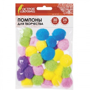 Помпоны д/ творчества, 5цв., 25 мм, 30 шт., ОСТРОВ СОКРОВИЩ