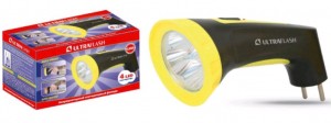Ultraflash фонарь ручной LED3804M (акк. 4V 0.4Ah) 4св/д (15lm), черный+желтый/пластик, вилка 220V