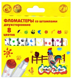 Фломастеры Каляка-Маляка двухсторонние со штампиками 8 цв. кругл. корп. легкосмываемые круглая карт.