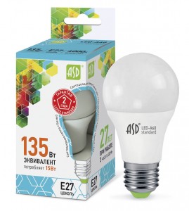 ASD standard ЛОН A60 E27 15W(1350lm) 4000К 4K 110x60 пластик/алюм  2101