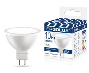 Ergolux ПРОМО MR16 GU5.3 220V 10W(960lm 120°) 6500K 6K мат 50x51 пласт/алюм LED-JCDR-10W-GU5.3-6K