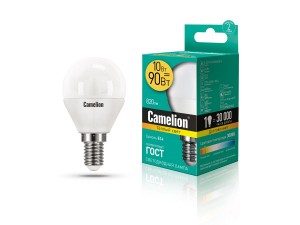 Camelion Шар G45 E14 10W(820lm 220°) 3000K 2K матов. 90x47 пластик LED10-G45/830/E14