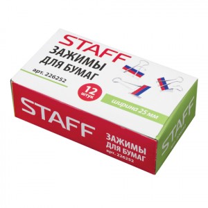 Зажимы д/бумаг STAFF, компл. 12 шт., 25 мм, на 100 л., "Триколор", в картонной коробке, 226252