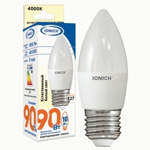 IONICH свеча C37 E27 10W(900lm) 6500К 6K 37x100 матов./пластик/алюм ILED-SMD2835-C37 1801