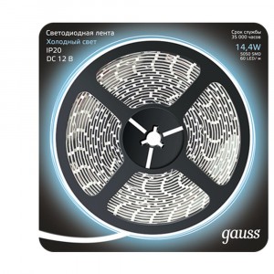Gauss Лента св/д 12V 14.4W/m 60Led/m IP20 Холодный белый 5м (интер) SMD5050 312000314