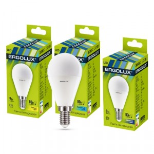Ergolux шар G45 E14 9W(760lm 220°) 3000K 2K матовая 92x45 пластик/алюм. LED-G45-9W-E14-3K