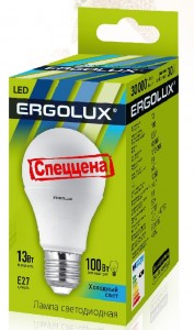 Ergolux ПРОМО ЛОН A60 E27 13W(1050lm 270°) 4500K 4K матовая 110x60 пластик/алюм. LED-A60-13W-E27-4K