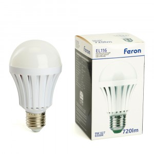 Feron лампа св-к св/д аккум. ЛОН A60 E27 9W(720lm) 6500K 124x60 аккум. AC/DC 3ч белый, EL116 48979