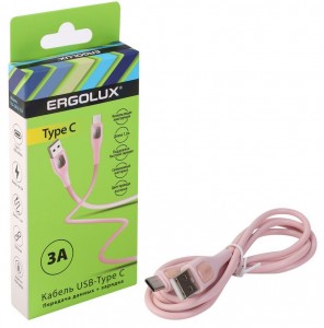 Дата-кабель USB(A)шт. - Type-Cшт. ERGOLUX ELX-CDC02-C14  3А 1.2м, розовый, силикон, коробка