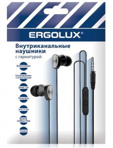 ERGOLUX наушники вкладыши с гарнитурой Jack3.5, провод 1.2м, черный ERGOLUX ELX-WHP02P-C02 ПРОМО