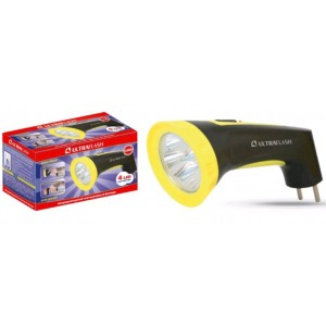 Ultraflash фонарь ручной LED3804M (акк. 4V 0.4Ah) 4св/д (15lm), черный+желтый/пластик, вилка 220V (5 шт.)