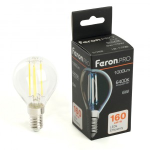 Feron.PRO филамент шар G45 Е14 6W 1000lm 6400K 6K 175-265V 78х45 LB-1706 51258