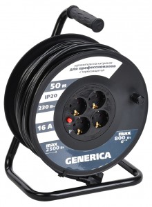 IEK GENERICA силовой удлинитель на пласт. катушке  УК50 термозащ. 4 роз. 50м ПВС 3х1.5 16А земля