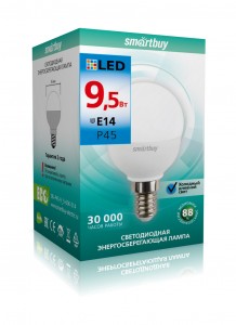 Smartbuy шар P45 E14 9,5W 6000K 6K матовая пластик  SBL-P45-9_5-60K-E14