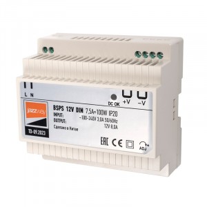 Jazzway блок питания 12V 7,5А, 100W, на DIN-рейку, пластик BSPS IP20 .5049987