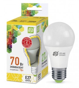 ASD standard ЛОН A60 E27  7W(630lm) 3000К 2K 110x60 пластик/алюм  1692