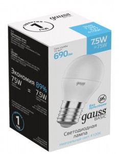 Gauss BASIC Шар G45 E27 7.5W(690lm) 4100K 4K матов., пластик 1053228