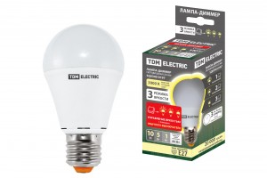 TDM ЛОН А60 E27 степ-димм. 10W(800lm) 3000K 60x120 (шаг 10/50/100%) пласт/алюм/SMD (10!) SQ0340-0197