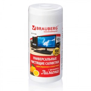 511688 Чистящие салфетки BRAUBERG д/экранов и пластика, универсальные, ЛИМОН, в тубе 100шт, влажные,