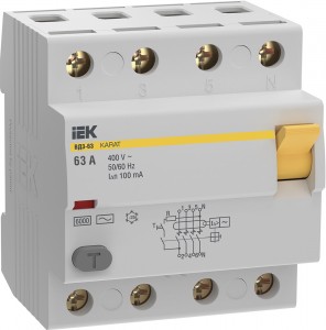 IEK KARAT выкл. дифферинциальный УЗО ВД3-63 4P 63А 100мА тип AC, 6кА эл.мех. MDV20-4-063-100