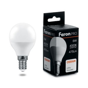 Feron.PRO шар G45 E14 6W(475lm) 4000K 4K матовый  81x48 OSRAM LED LB-1406 38066