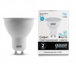 Gauss Elementary MR16 GU10 7W(550lm) 4100K 4K 57x50 матовая, пластик/алюм. 13627