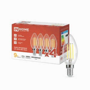 ASD/InHome лампа св/д Deco свеча Е14 9W(1040lm) 3000К 2K 100x35 прозр (4шт/уп, цена за уп) 2540