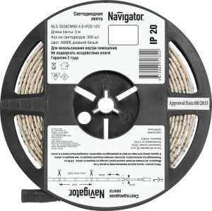 Navigator Лента св/д 12V 4.8W/m 60LED/m IP20 6000К 5м NLS-3528СW60-4.8-IP20-12V(ц.за1м)(5!)71762
