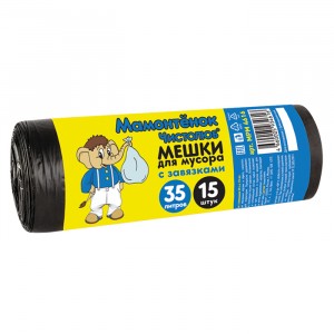 Мешки для мусора (пакеты) с завязками 35л/15шт, 12мкм, ПНД, рулон, MPM4616 Мамонтенок Чистолюб