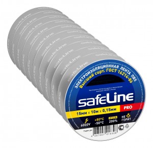 Safeline изолента ПВХ 15/10 серо-стальная, 150мкм, арт.12121