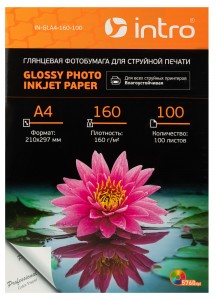 Фотобумага GLA4-160-100 глянцевая 160g/м2 А4 100 листов для струйной печати Intro 60498