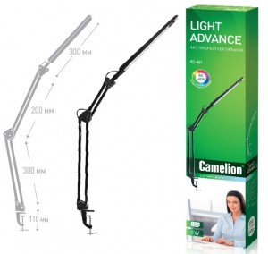 Camelion KD-821 C02 св-к св/д настольный 8W(350lm) 4000К 2 ур.ярк, струбцина. металл/пластик черный