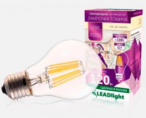 ТОМИЧА ЛОН A60 E27 10W(980lm) 3500K для кухни 4K 110x60 филам.(нитевид) прозр. LEADLight СА230-10-1