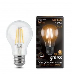 Gauss Filament ЛОН A60 E27 6W(600lm) 2700K 2K 105x60 филамент (нитевидная), прозр. 102802106