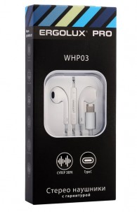 ERGOLUX наушники вкладыши с гарнитурой Type-C, провод 1.2м, белый ERGOLUX ELX-WHP03-C01 коробка