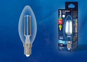 Uniel Sky свеча C35 E14 9W(750lm 360°) 4000K 4K филамент прозрачная 35x100 LED-C35-9W/4000K/E14/CL