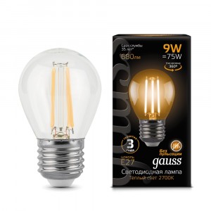 Gauss Filament Шар G45 E27 9W(680lm) 2700K 2K прозр. 80x45 филамент (нитевидная) 105802109