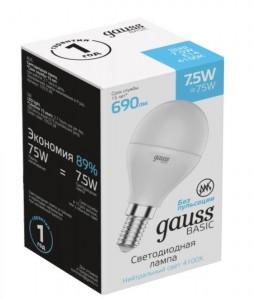 Gauss BASIC Шар G45 E14 7.5W(690lm) 4100K 4K матов., пластик 1053128