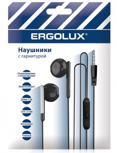 ERGOLUX наушники вкладыши с гарнитурой Jack3.5, провод 1.2м, черный ERGOLUX ELX-WHP01P-C02 ПРОМО