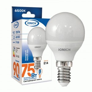 IONICH шар P45 E14 8W(720lm) 6500К 6K 45x80 матов./пластик/алюм ILED-SMD2835-P45 1611