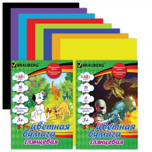 Цветная бумага, А4, мелован., 16л., 8цв., BRAUBERG "Kids series", 200х280мм, 2 вида, 124782