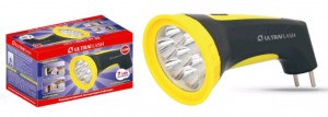 Ultraflash фонарь ручной LED3807M (акк. 4V 0.5Ah) 7св/д (25lm) черн+желт/пластик, 2реж, вилка 220V